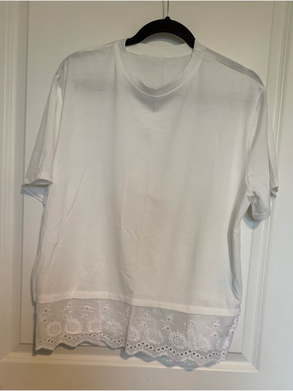 White Short Sleeve Top with Lace Hem